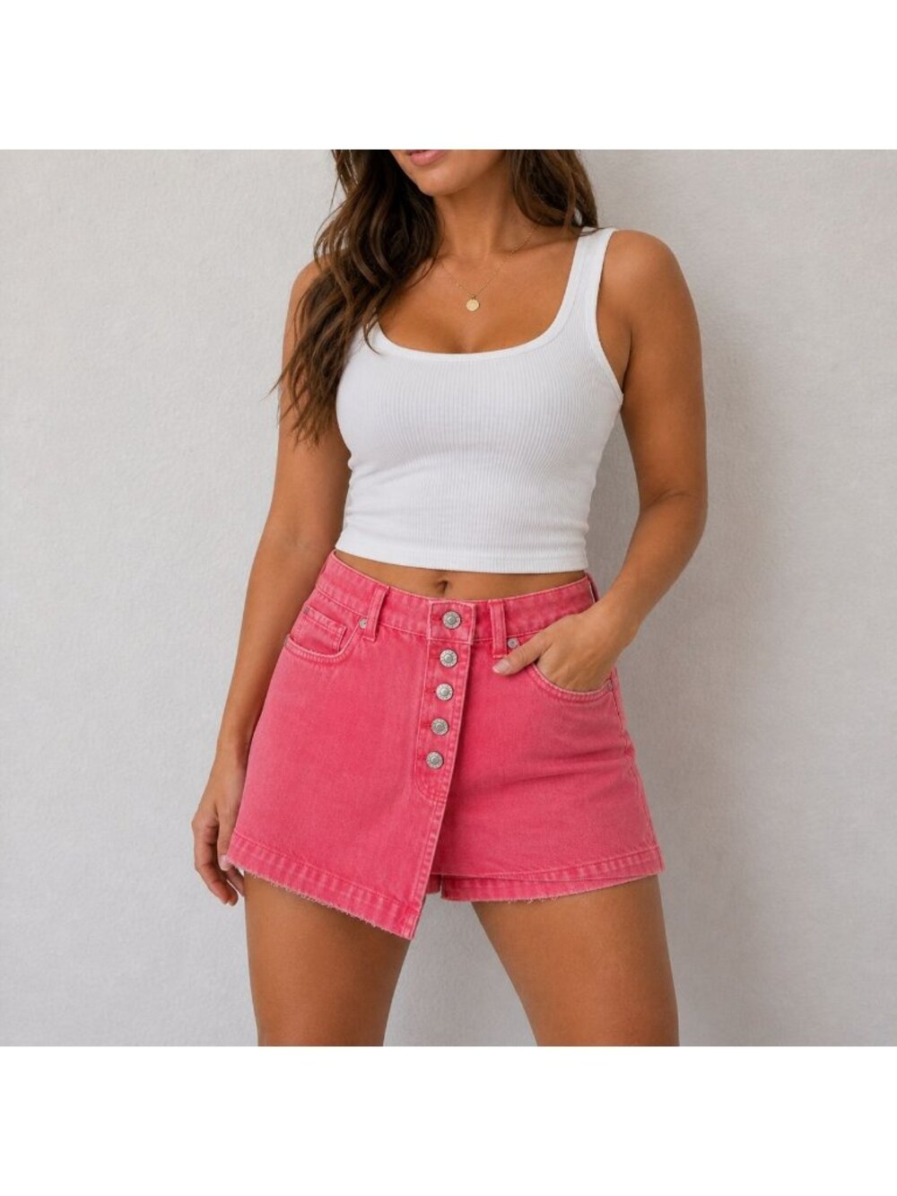 American Eagle Pink Denim Skort Size 4 Button Front High Rise Mini Skirt Shorts